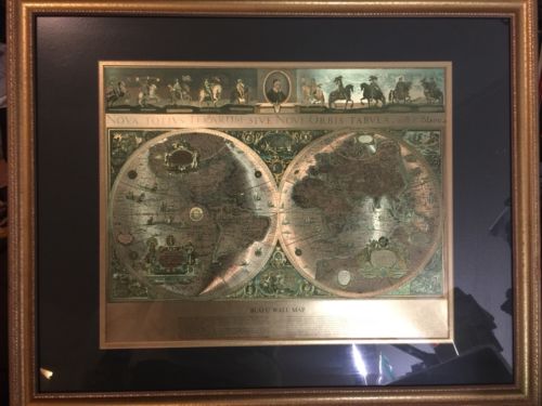 Framed Blaei Wall Map Of Old And New World Gold Foil