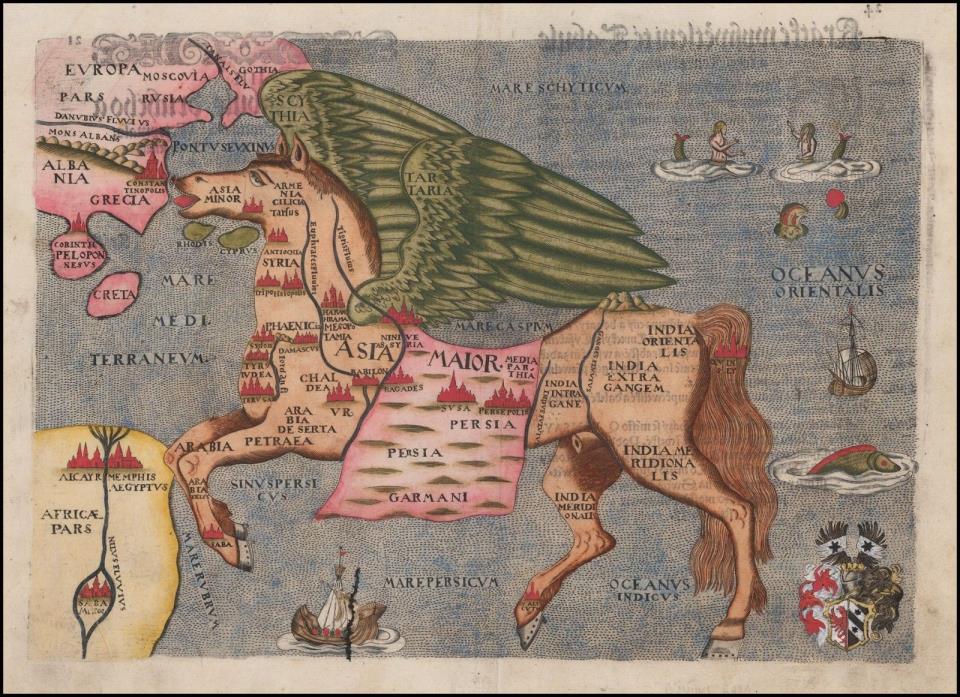 Asia in the Form mythical winged horse Pegasus Pictorial Map 1581 POSTER 48595