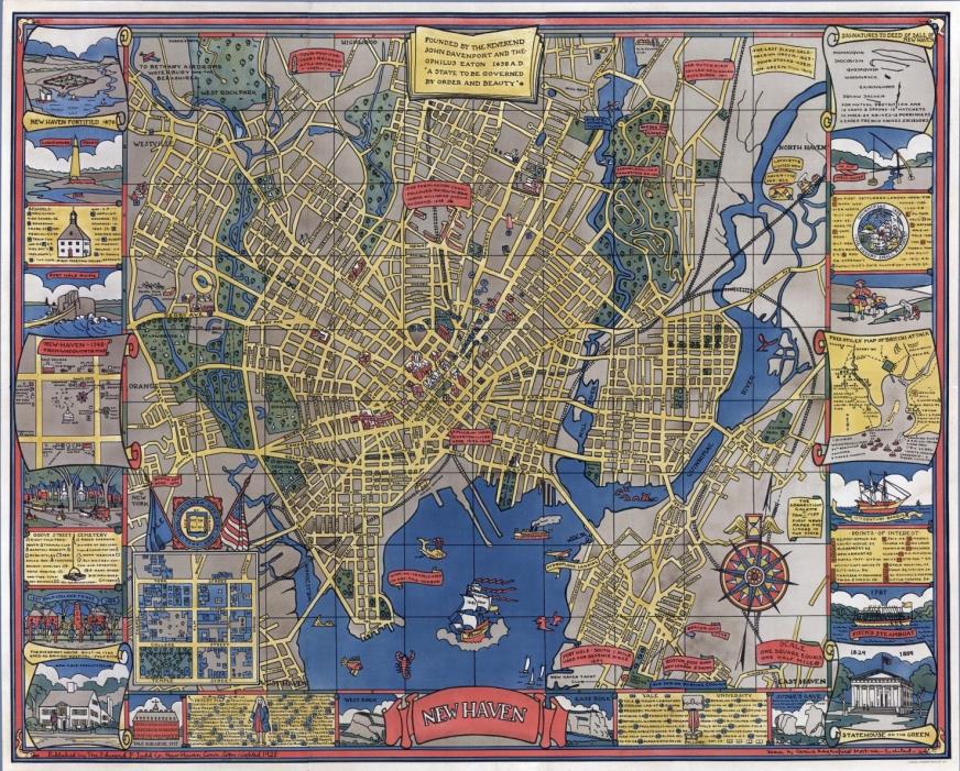 1928 PICTORIAL Map New Haven Connecticut shows streets buildings POSTER 7916