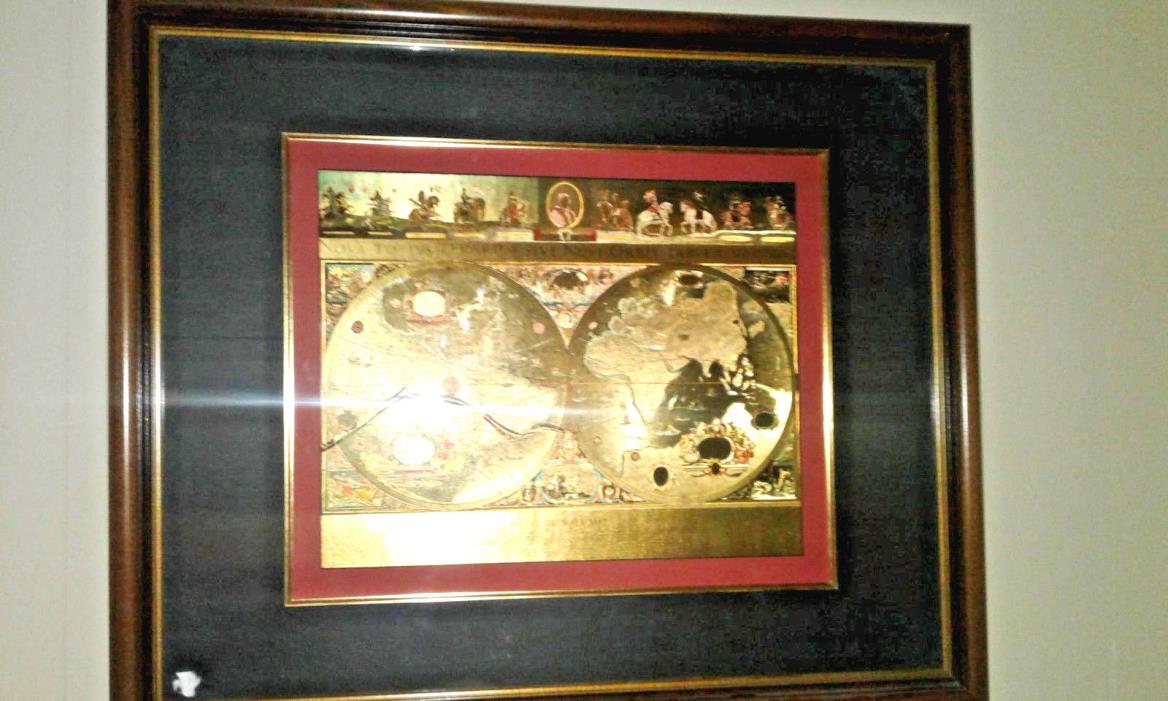 VINTAGE Framed GOLD FOIL BLAEU Wall map OLD and NEW WORLD 35