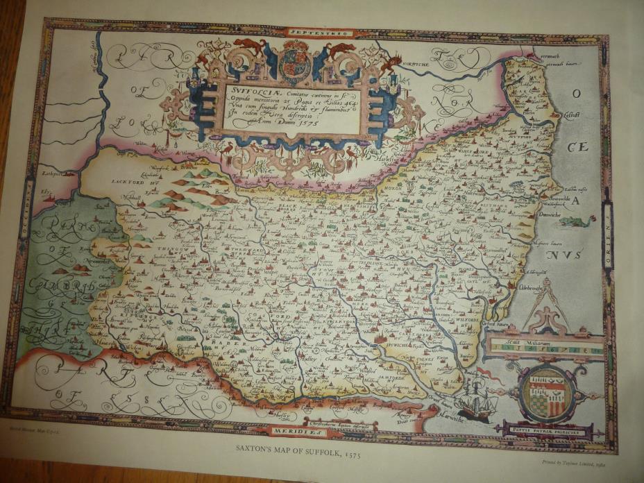 Saxton's map of Suffolk 1575 British Museum print from 1962