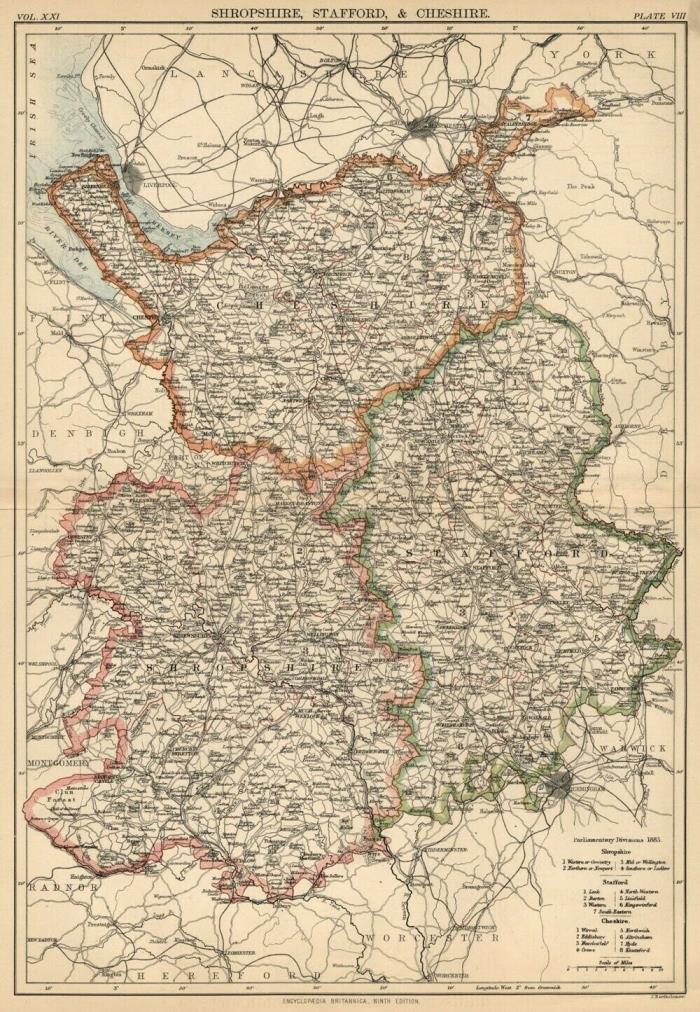 Shropshire, Stafford & Cheshire County England: Detailed 1889 Map; Towns & RRs