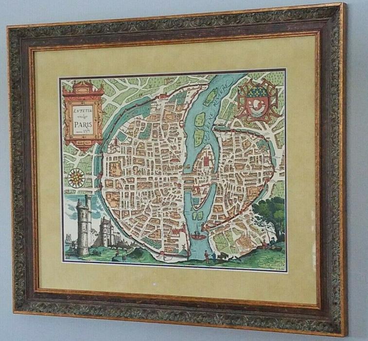 Vintage Antique Map of Paris 1575 LANA Reproduction CUSTOM FRAMED