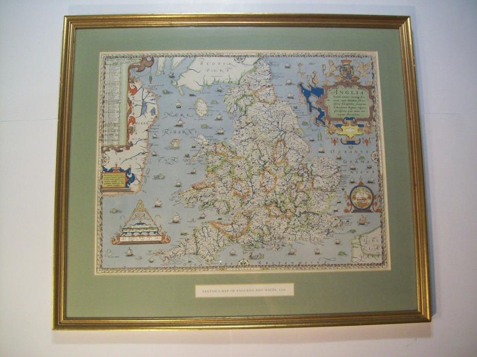 VINTAGE SAXTON'S MAP OF ENGLAND & WALES 1579 PRINT FRAMED 21.25