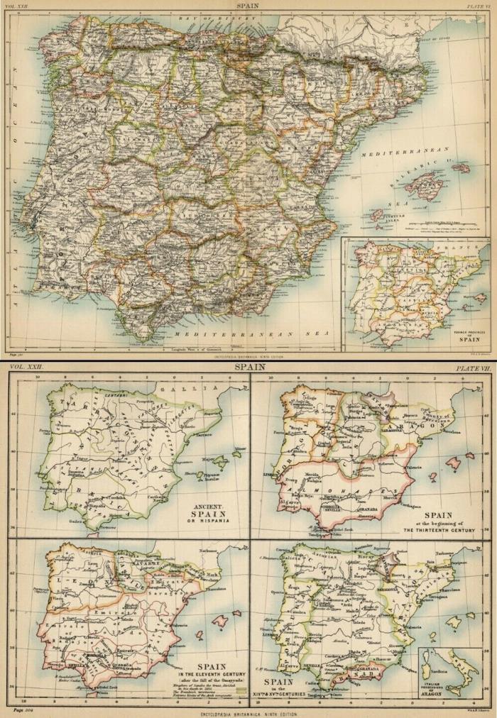 SPAIN: TWO Authentic 1889 Maps showing 