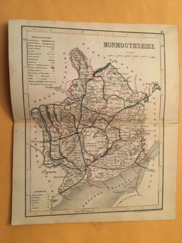 KE) Antique Original 1842 Monmouthshire England County Modern Geography Map