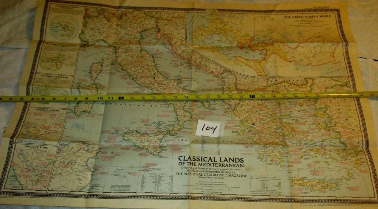 1949 National Geographic Classical Lands of the mediterranean Sea Map Nice color