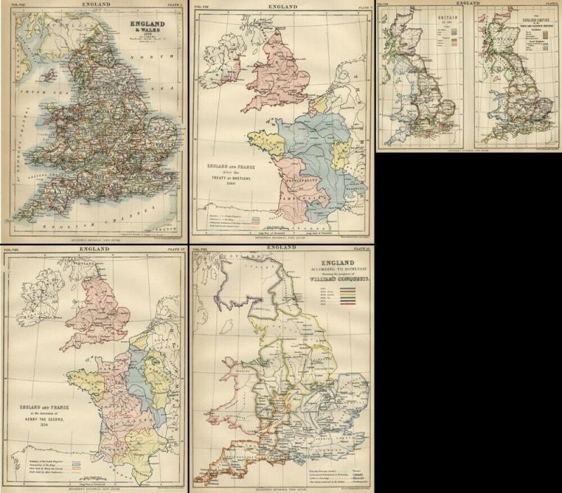 England: FIVE Authentic 1889 Maps showing 