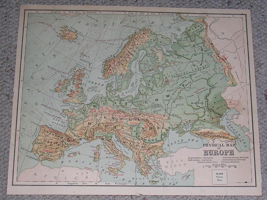 1880s Europe Map. Single Page from Geography Book. As Is.