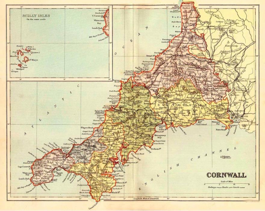 Map of the County of Cornwall, England.