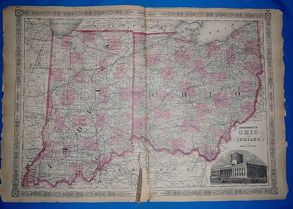 Vintage 1864 OHIO - INDIANA Atlas Map ~ Old Antique Original Johnson Atlas