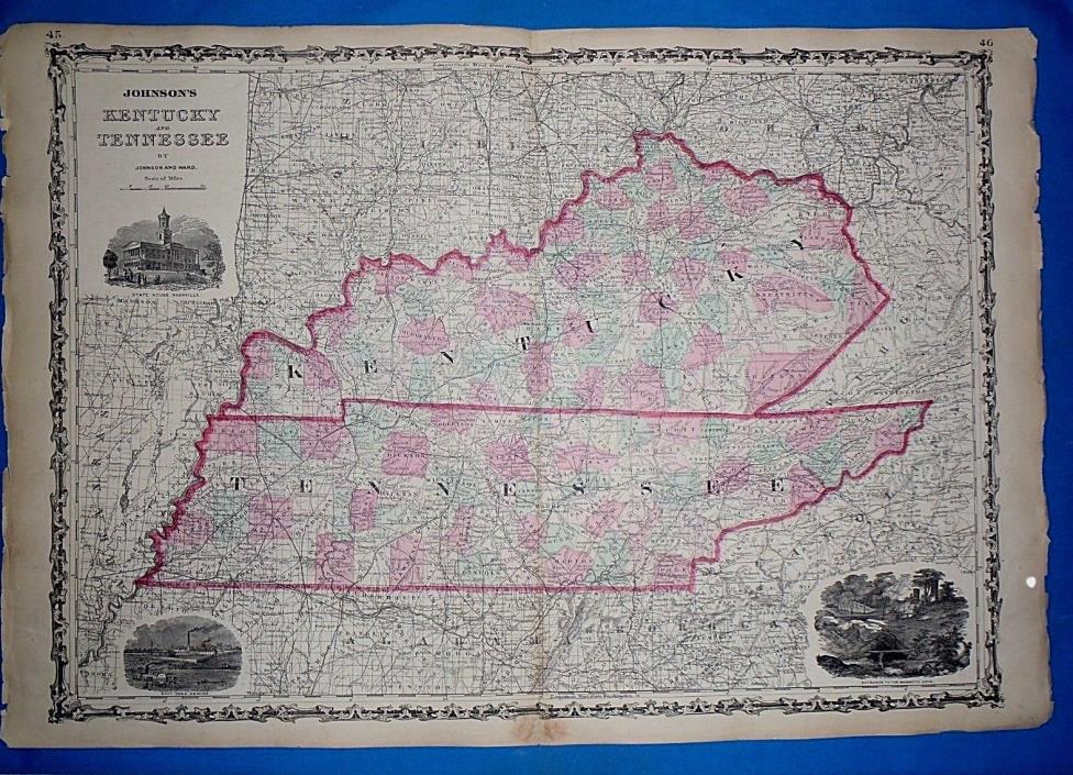 Vintage 1864 KENTUCKY - TENNESSEE Atlas Map ~ Old Antique Original Johnson Atlas