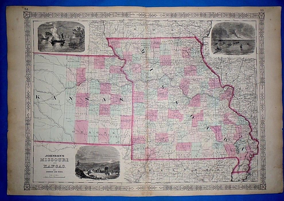 Vintage 1864 KANSAS - MISSOURI Atlas Map ~ Old Antique Original Johnson's Atlas