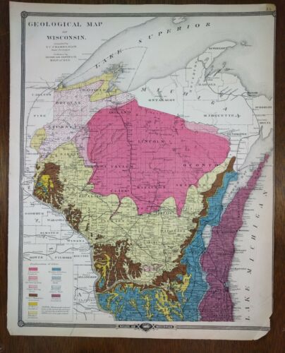 1878 WISCONSIN GEOLOGICAL Map Old Antique Historical DRIFTLESS AREA MAPZ