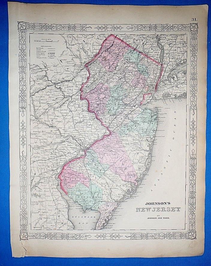 Vintage 1864 NEW JERSEY Atlas Map ~ Old Antique Original Johnson's Civil War Era