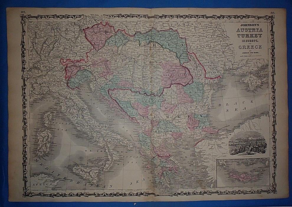 Vintage 1864 AUSTRIA - GREECE Atlas Map ~ Old Antique Original Johnson's Map