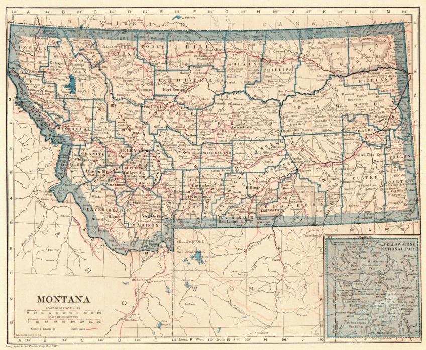 1917 Antique Montana State Map Original Vintage Map of Montana Gallery Wall 6537