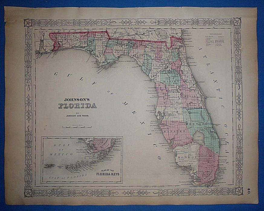 Vintage 1864 FLORIDA Atlas Map ~ Old Antique Original Johnson's Civil War Era