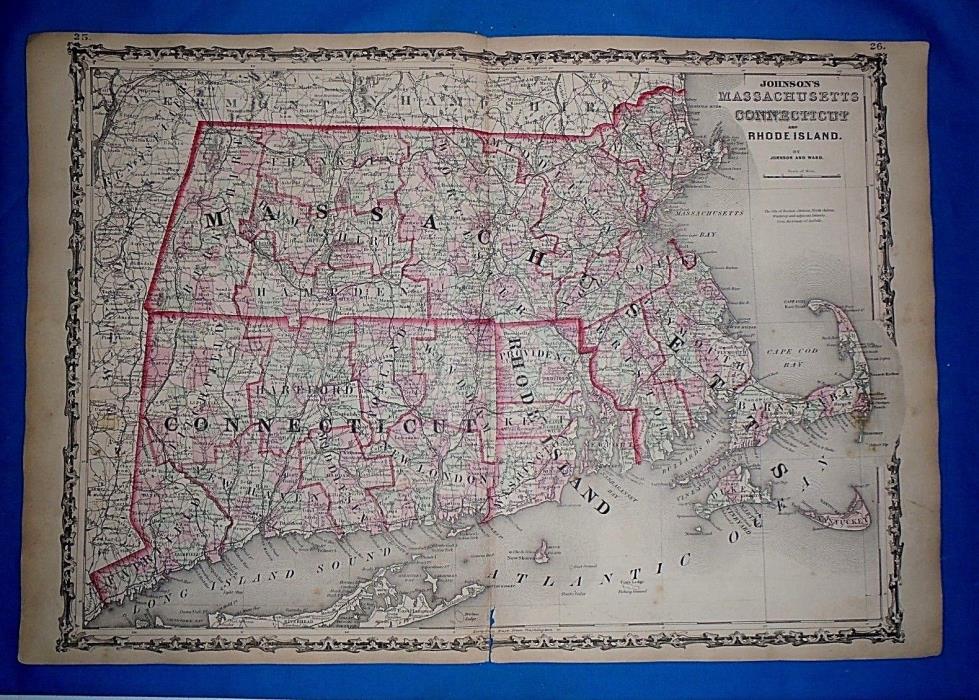 1864 MASSACHUSETTS CONNECTICUT Atlas Map Antique Original Johnson's Civil War