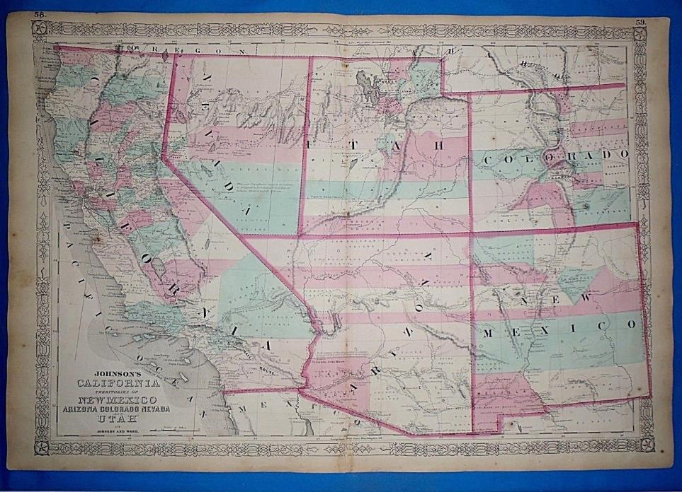 Vintage 1864 ARIZONA NEW MEXICO UTAH TERRITORIES Atlas Map Old Antique Original