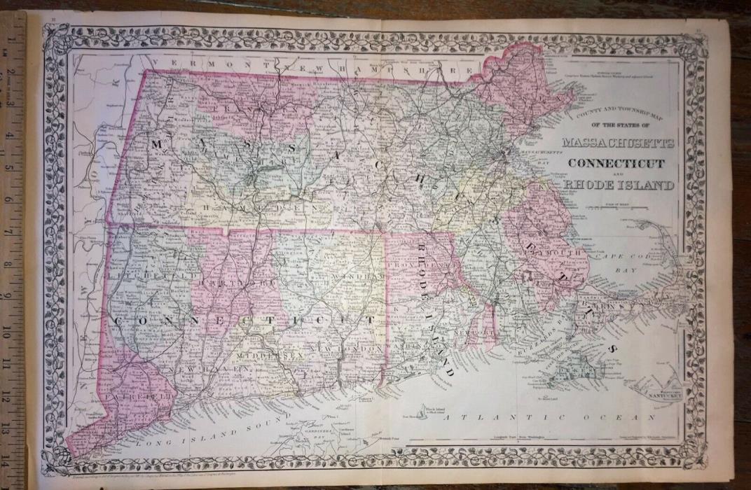 1881 Antique Map Massachusetts Connecticut Rhode Island S A Mitchell Jr