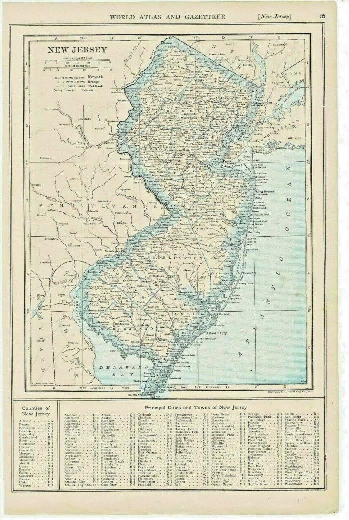 Original 1917 Small Color Map of NJ w/ Map of New Mexico on Back - World Atlas