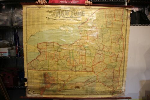 Antique 1901 New York State Canvas School Map Railroad Post Office County
