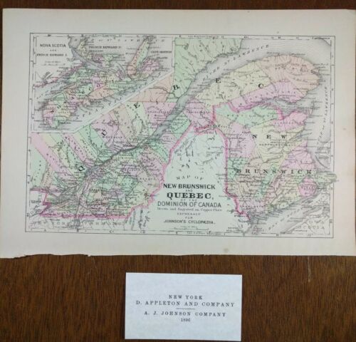 Vintage 1896 QUEBEC & NEW BRUNSWICK CANADA Map 10