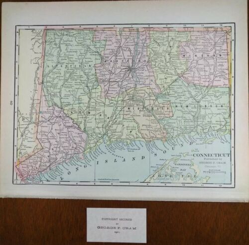 Vintage 1902 CONNECTICUT Map 14x11 Old Antique Original BRISTOL MARLBOROUGH MAPZ