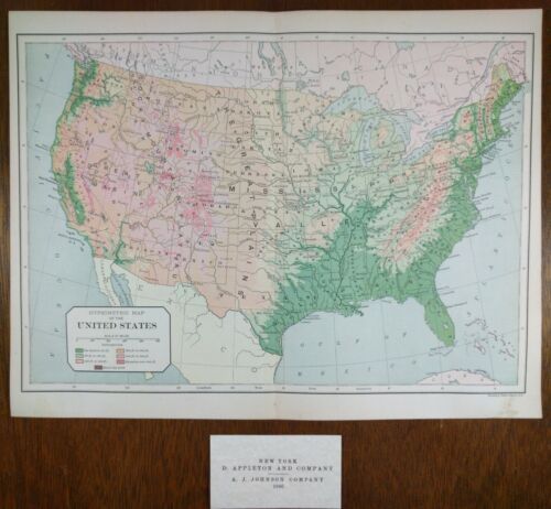 1896 UNITED STATES HYPSOMETRIC Map Old Antique TERRAIN TOPOGRAPHICAL USA MAPZ