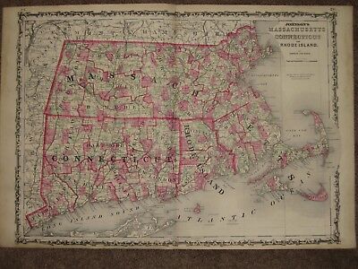 1863 MASSACHUSETTS CONNECTICUT RI MAP CIVIL WAR ERA Johnson Geography Atlas