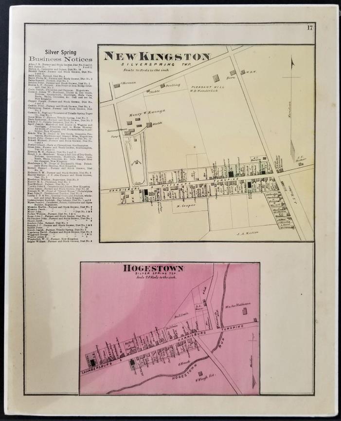 1872 antique SILVER SPRING PA MAP cumberland atlas Hogestown New Kingston beers