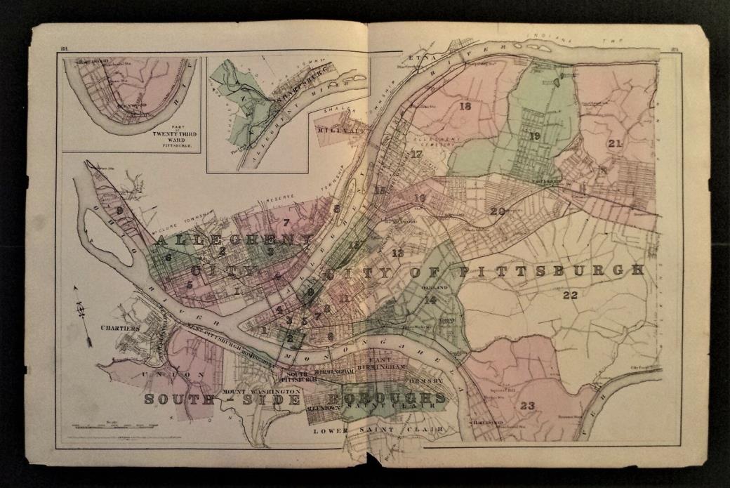 1872 antique hand colored MAP pa PITTSBURGH centerfold SCRANTON WILKESBARRE