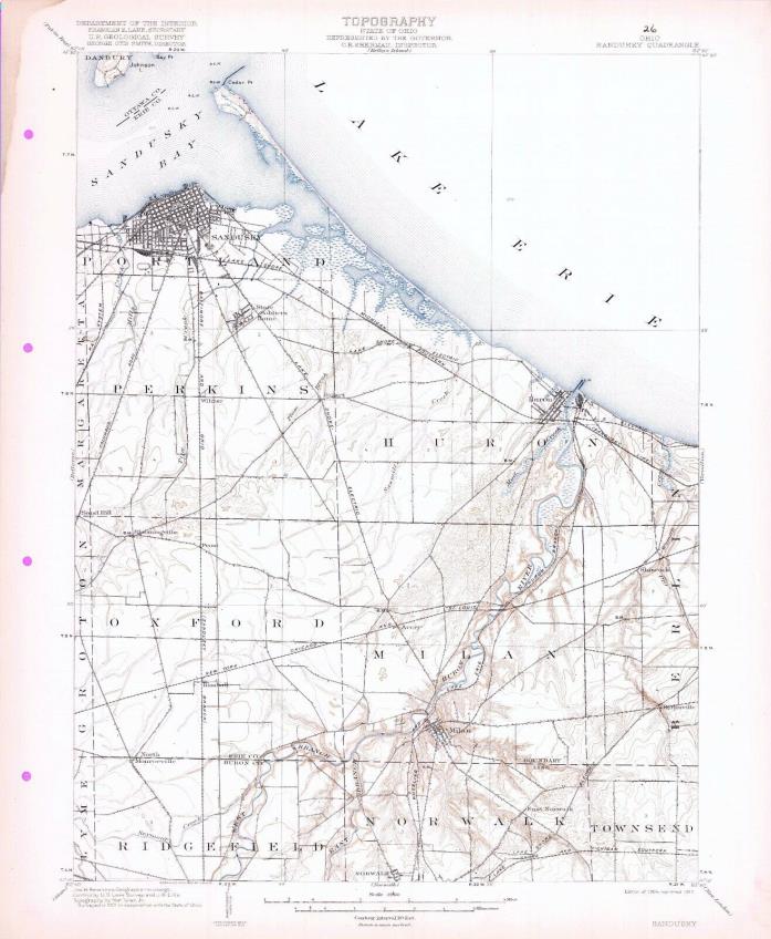 1903 Sandusky OH USGS 15' Quad Topo Map Cedar Point Huron Milan Johnson Island