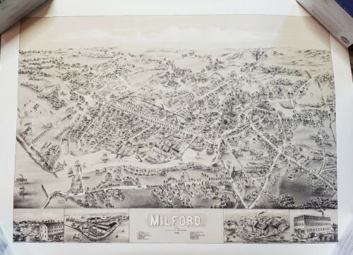 VIEW of MILFORD CONNECTICUT Print by O.H. BAILEY & CO. 1882 REPRINT 22x28