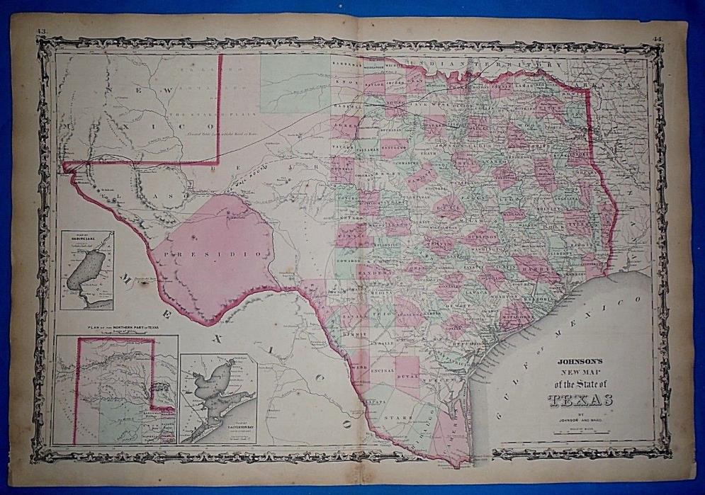 Vintage 1864 TEXAS Atlas Map ~ Old Antique Original Johnson's Civil War Era Map