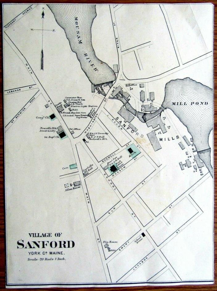 1888 Sanford Maine map w/place and family names from a Colby Atlas