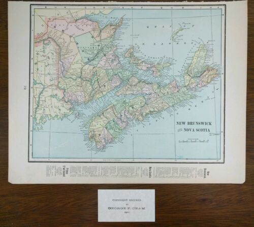 Vintage 1902 NEW BRUNSWICK & NOVA SCOTIA CANADA Map 14