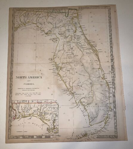 1834 Baldwin Cradock Map North America Florida Landmarks Genuine Antique