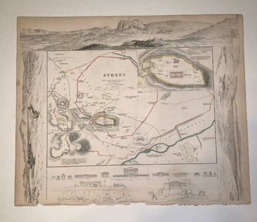 1834 Baldwin Cradock Map Athens Greece Landmarks Genuine Antique
