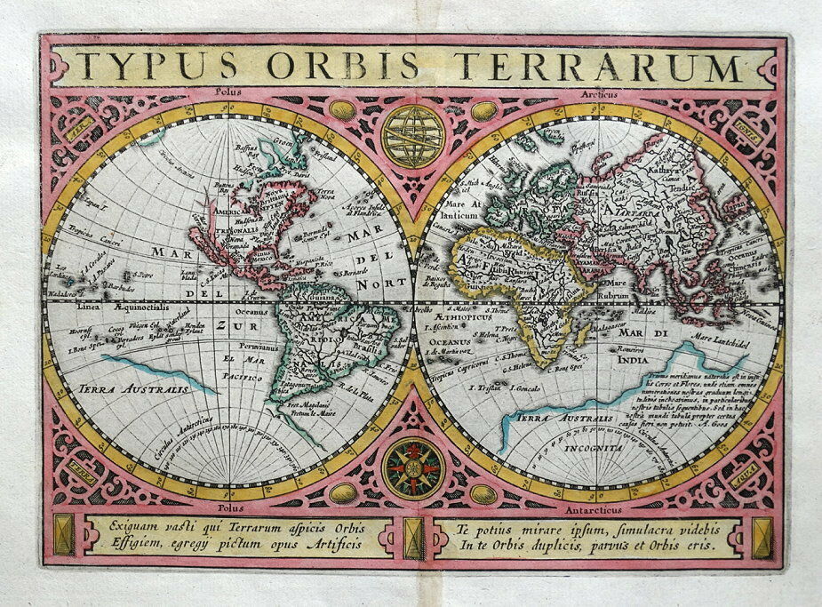 WORLD HEMISPHERES, Typus Orbis Terrarum, Cluver, Goos, Jansson antique map 1661