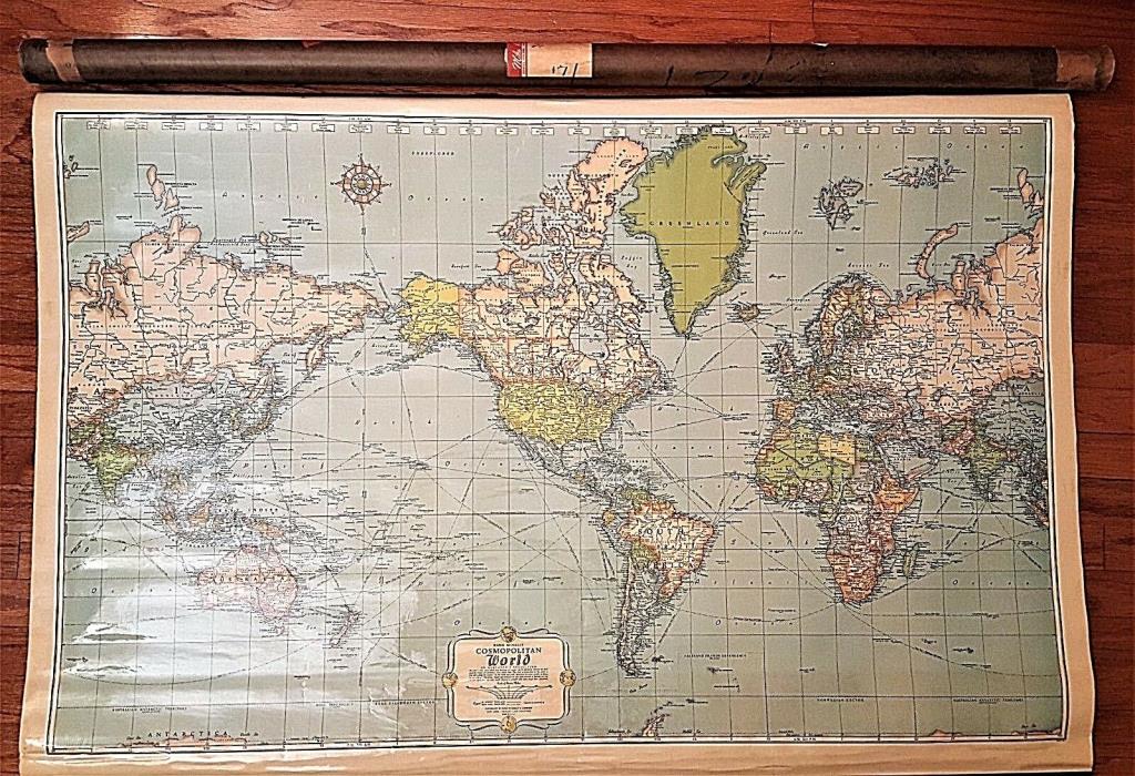 Vintage 1959 Rand McNally 51” Cosmopolitan World Map –Laminated & Framed GCW901