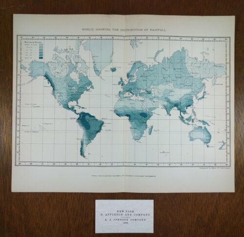 Vintage 1896 WORLD DISTRIBUTION Of RAINFALL Map Old Antique CLIMATE CHANGE MAPZ