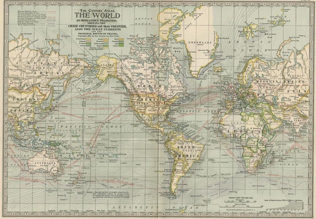 WORLD Map on Mercator's Projection Map: Authentic 1897 (Dated) Ocean Currents