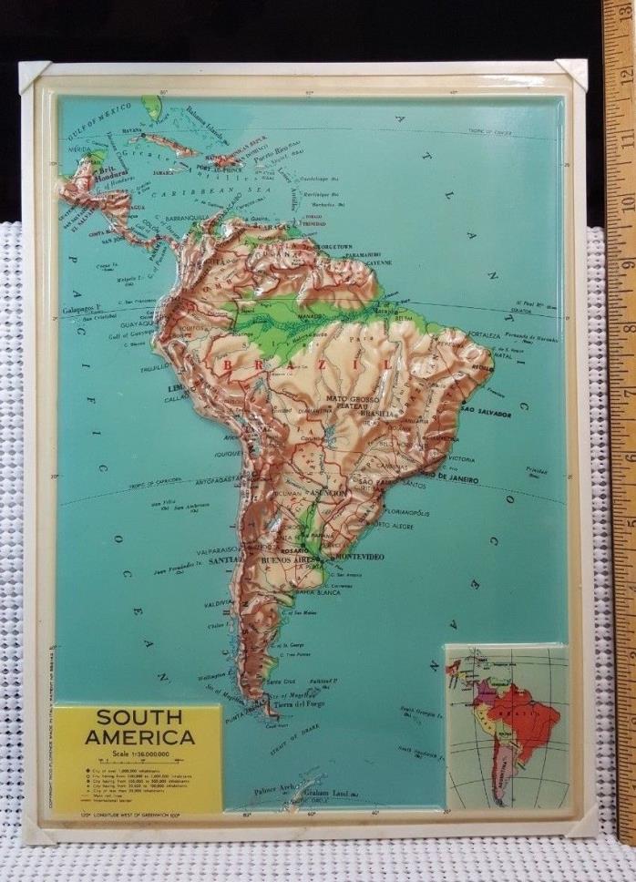 VTG RARE 50'S - 60'S RICO FLORENCE RELIEF 3D MAP SOUTH AMERICAN - 8 3/4 X 12