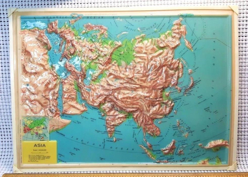 VINTAGE RARE 50'S - 60'S RICO FLORENCE RELIEF 3D MAP ASIA - 8 3/4 X 12 FRAMED