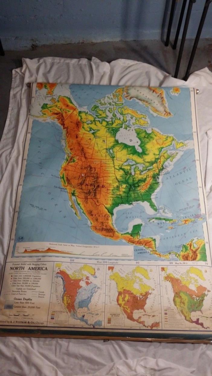 Vintage Nystrom Pull Down Wall Map of North America 1962  43