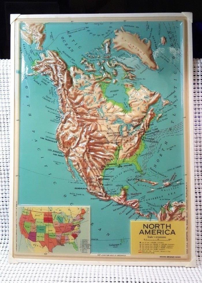 RARE 50'S - 60'S RICO FLORENCE RELIEF 3D MAP NORTH AMERICA  - 8 3/4 X 12 FRAMED