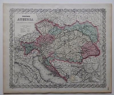 VINTAGE COLTON MAP - AUSTRIA - CIRCA 1870 - HAND-COLORED - 14 X 17