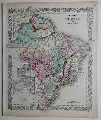 VINTAGE COLTON MAP - BRAZIL & GUAYANA [GUYANA] - HAND COLORED - CA 1870